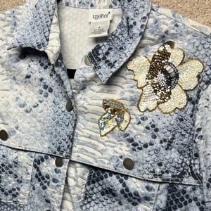 Y2K Snake‎ Print Denim Jacket Embellished Women's Size 6 Blue Gray Button Front